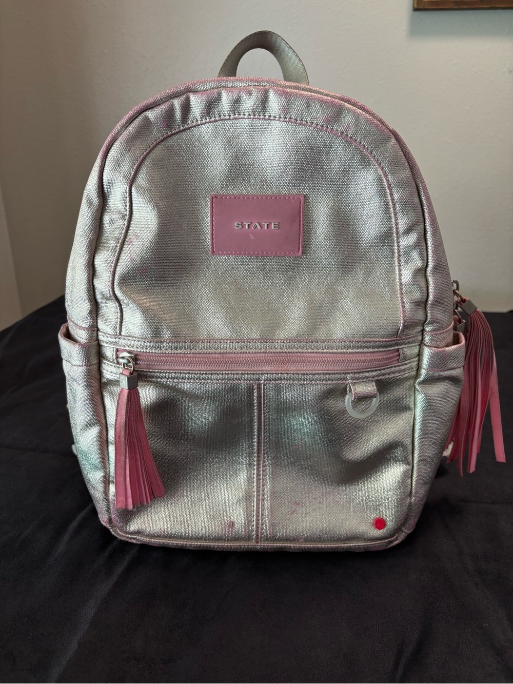 STATE Iridescent Silver Mini Backpack with Pink Trim